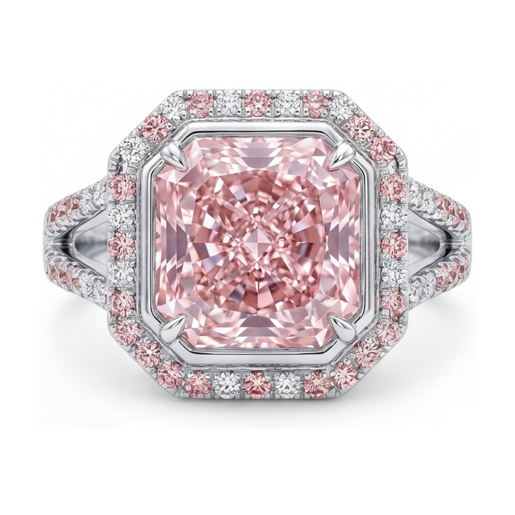 Bague diamant rose 4,6 carats taille radiant