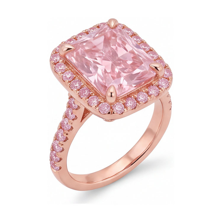 Bague en diamant rose de laboratoire 6 carats taille radiant avec halo pavé en or rose 14 carats