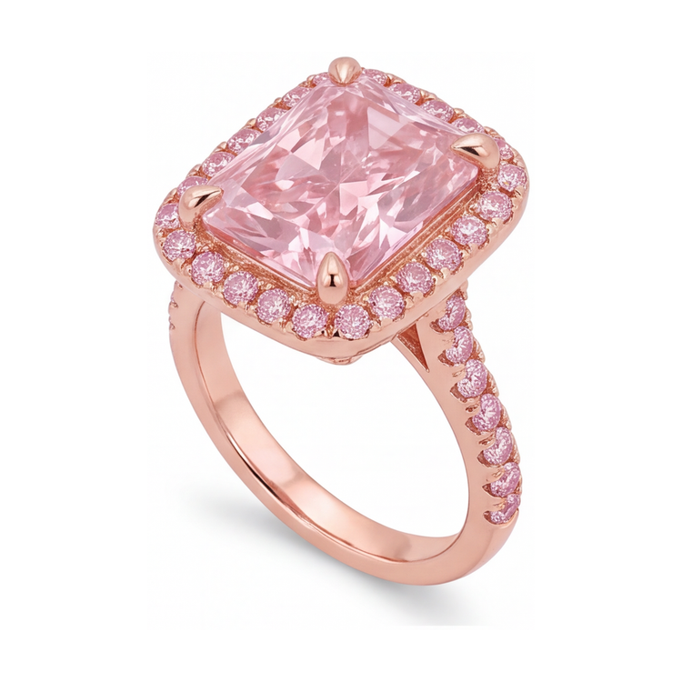 Bague en diamant rose de laboratoire 6 carats taille radiant avec halo pavé en or rose 14 carats