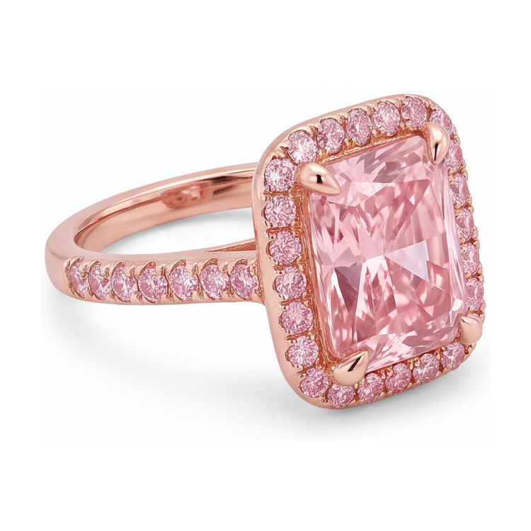 Bague diamant rose de laboratoire 6 carats taille radiant halo pavé en Or Rose 14 carats