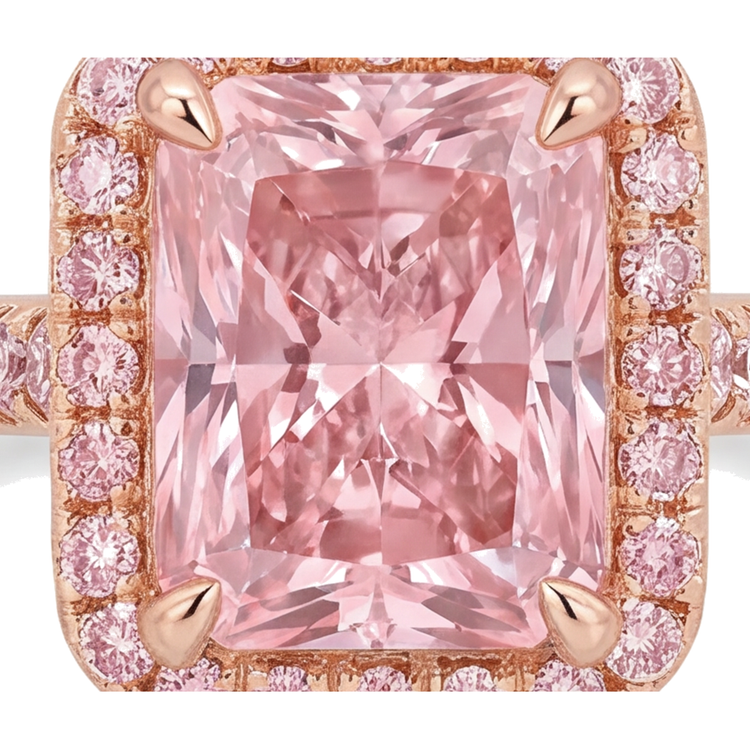 Bague diamant rose de laboratoire 6 carats taille radiant halo pavé en Or Rose 14 carats