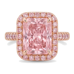 Bague diamant rose de laboratoire 6 carats taille radiant halo pavé en Or Rose 14 carats