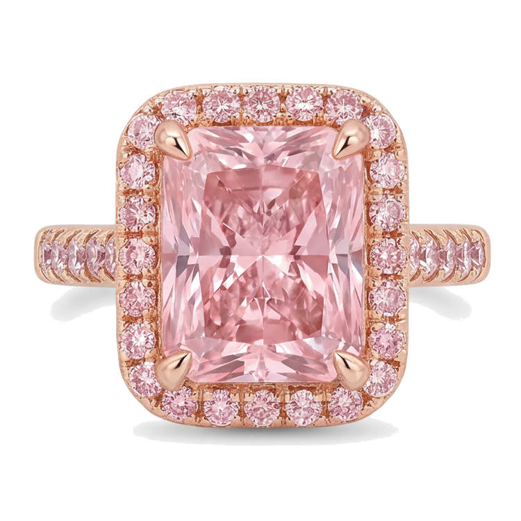 Bague en diamant rose de laboratoire 6 carats taille radiant avec halo pavé en or rose 14 carats