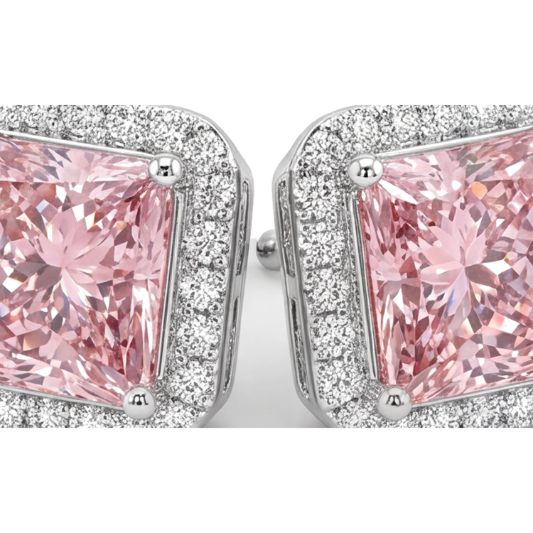 Boucles d'Oreilles Puces Diamant Rose de Laboratoire 3,5 Carats Taille Radiant Halo Or Blanc 14 Carats