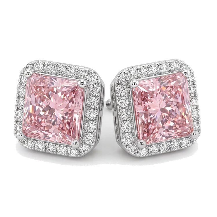 Boucles d'Oreilles Puces Halo en Or Blanc 14 Carats avec Diamant Rose de Laboratoire Taille Radiant 3,5 Carats