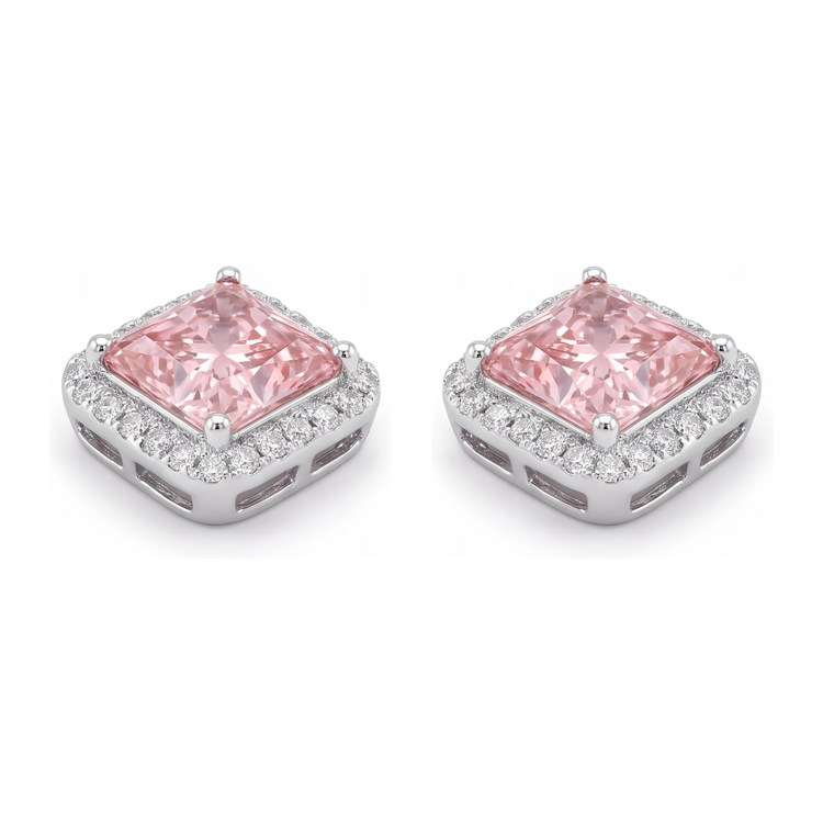 Boucles d'Oreilles Puces Diamant Rose de Laboratoire 3,5 Carats Taille Radiant Halo Or Blanc 14 Carats
