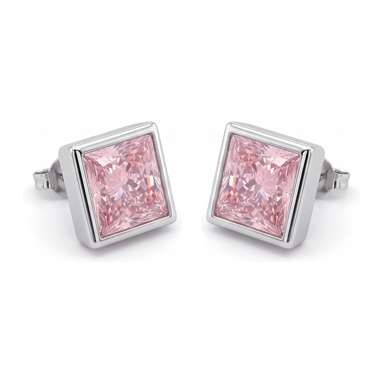 Boucles d'Oreilles Puces Diamant Rose 3 Carats de laboratoire Princesse Lunette Or Blanc 14 Carats