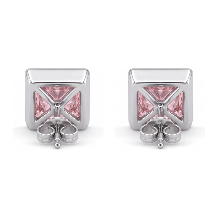 Boucles d'Oreilles Puces en Diamant Rose 3 Carats de laboratoire Princesse Lunette Or Blanc 14K
