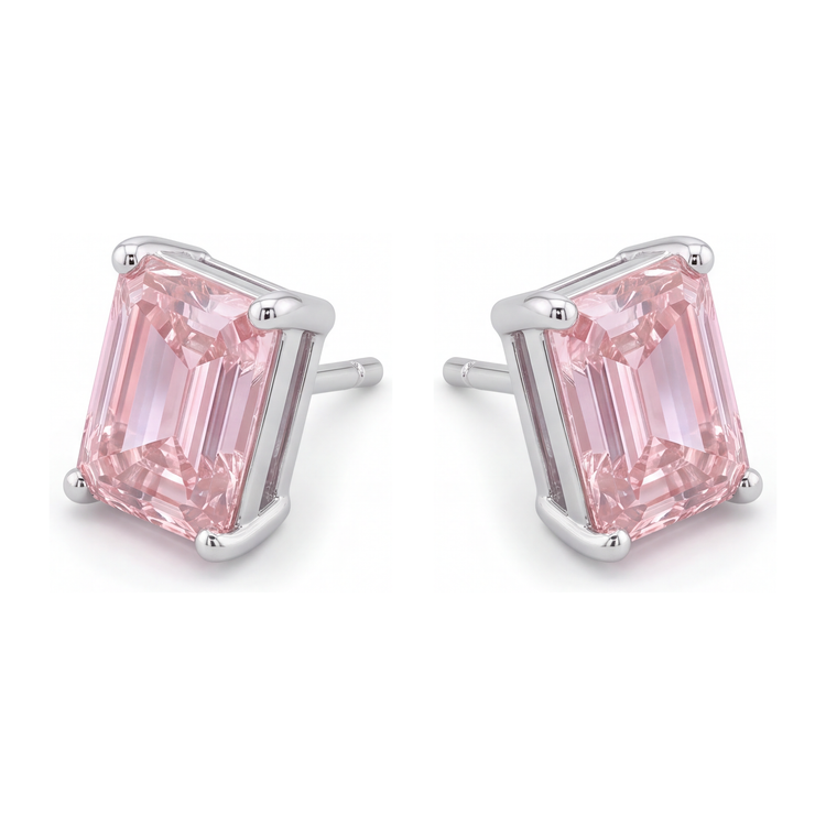 Boucles d'Oreilles Puces Diamant Rose de Laboratoire Taille Émeraude 3 Carats Or Blanc 14 Carats