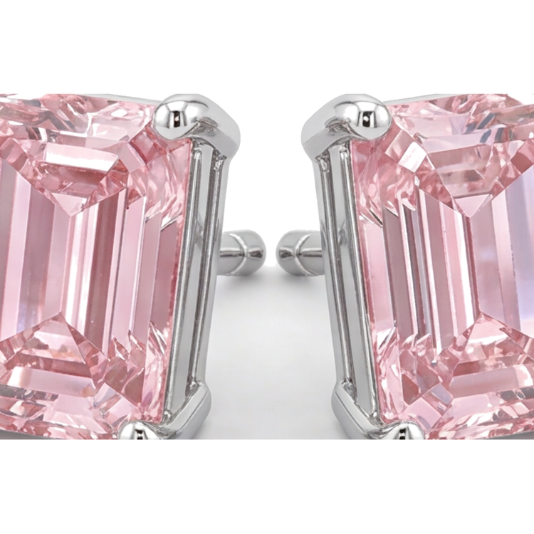 Boucles d'Oreilles Puces Diamant Rose de Laboratoire Taille Émeraude 3 Carats Or Blanc 14 Carats