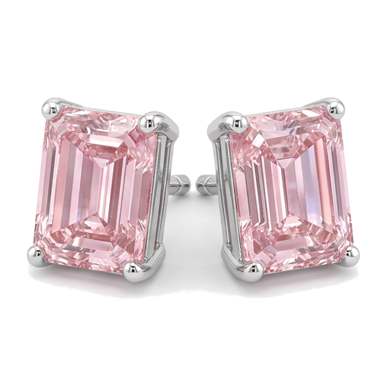 Boucles d'Oreilles Puces Diamant Rose 3 Carats de laboratoire Taille Émeraude Or Blanc 14K