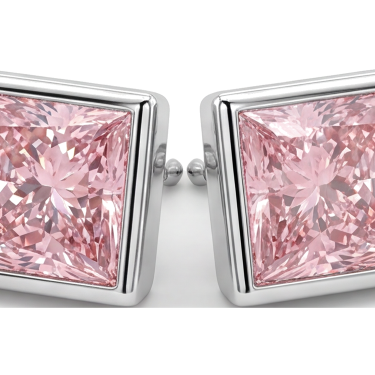 Boucles d'Oreilles Puces Diamant Rose 3 Carats de laboratoire Princesse Lunette Or Blanc 14 Carats