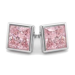 Boucles d'Oreilles Puces Diamant Rose 3 Carats de laboratoire Princesse Lunette Or Blanc 14 Carats