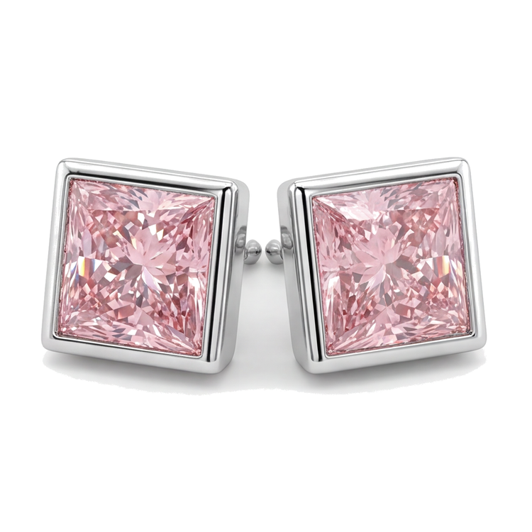 Boucles d'Oreilles Puces Diamant Rose 3 Carats de laboratoire Princesse Lunette Or Blanc 14 Carats