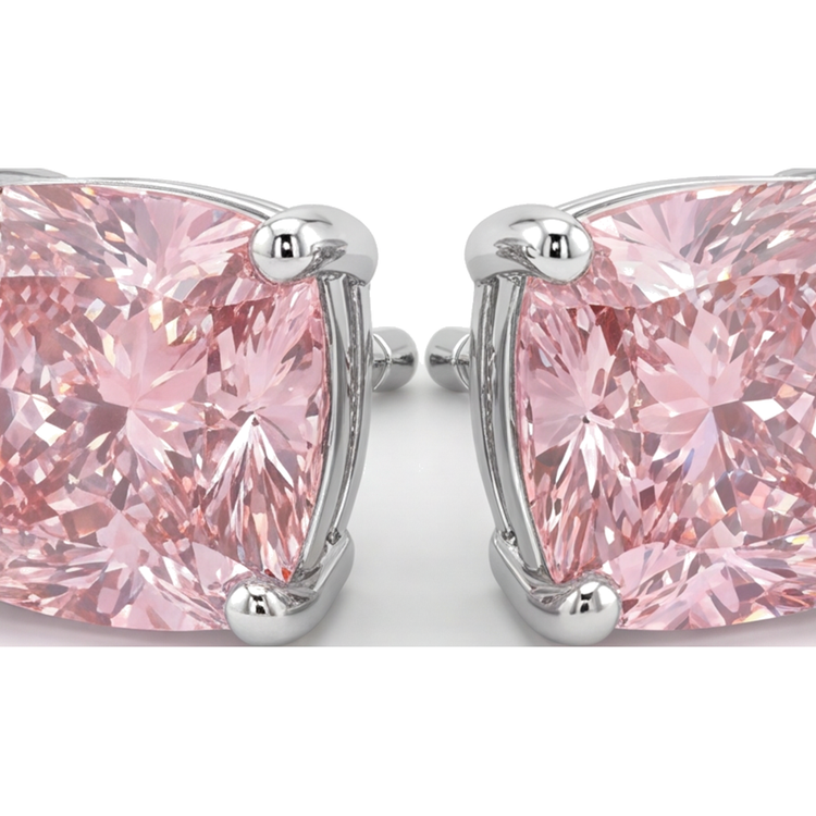 Boucles d'Oreilles Puces Diamant Rose de laboratoire Taille Coussin 4 Carats en Or Blanc 14 carats