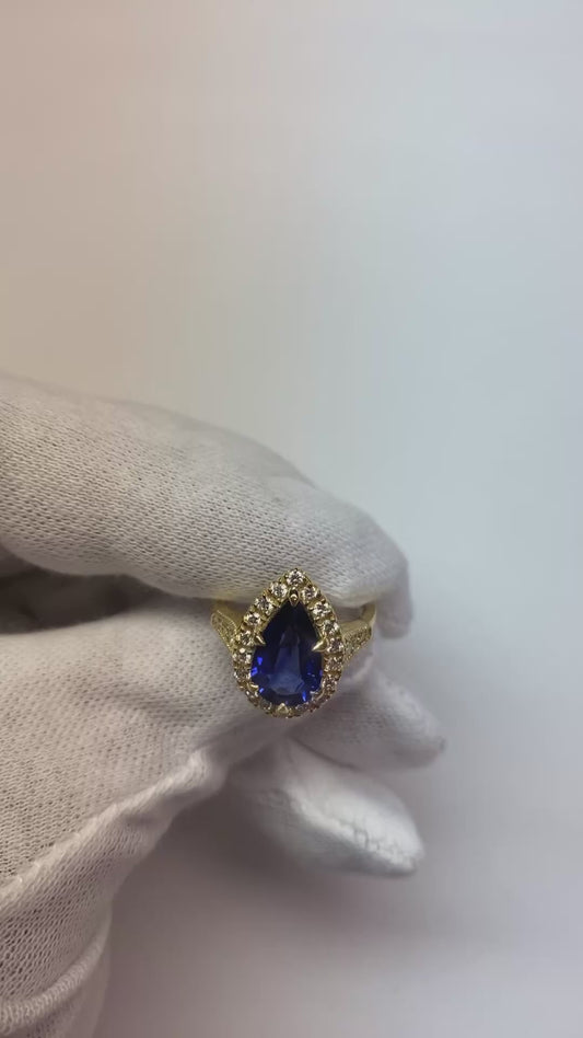 Bague Halo Style Vintage Poire Saphir Sri Lankais & Diamants 3.50 Carats
