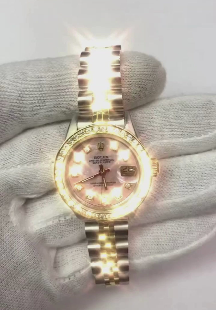 Regarder à cadran diamant serpillière roze pour femme Rolex Datejust bicolore