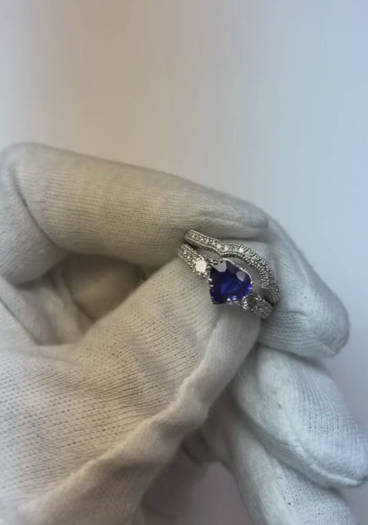 Ensemble Alliance Diamant Coeur Saphir Bleu Style Antique 3.50 Carats