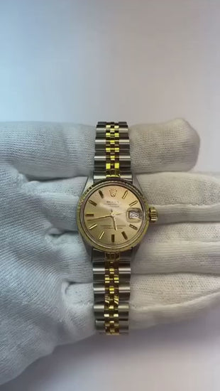 Rolex Montre Datejust pour femme, cadran bâton, lunette lisse, deux tons