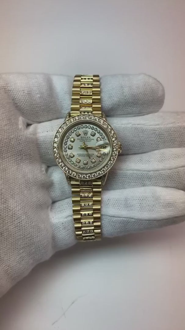 Montre Rolex Datejust en diamant glacé pour femme, bracelet en or jaune