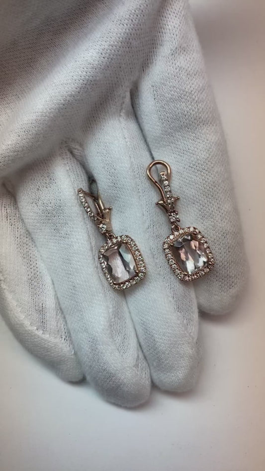 Boucles d'oreilles pendantes morganite 9 carats avec petit diamant en or rose 18K