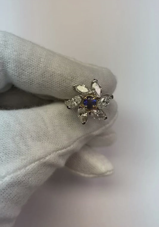 Bague Marquise Diamant Saphir Rond Style Fleur 2.50 Carats Deux Tons