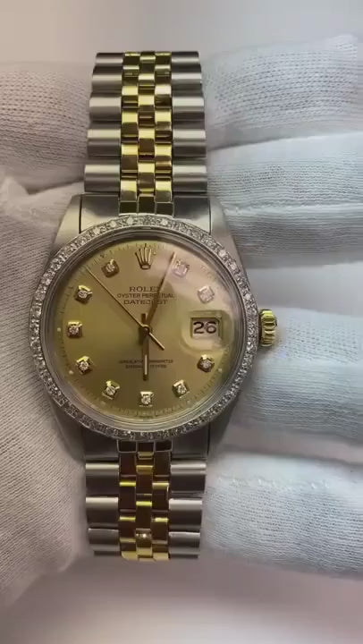 champagne diamant cadran lunette Rolex Datejust regarder or et acier réglage rapide1