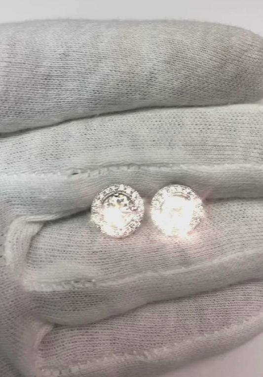 Boucles D'Oreilles Clous Halo Véritable Diamant Rond Scintillant Or Blanc 3.50 Carats 14K