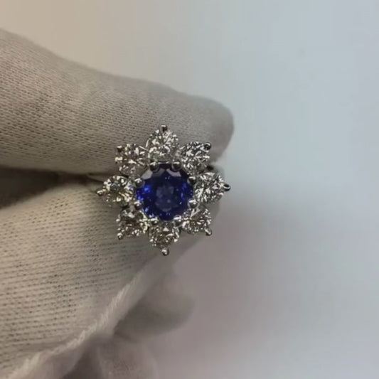 Bague en or Halo Diamant Bleu Rond Saphir Style Fleur 4.50 Carats