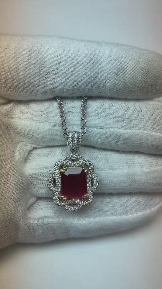 4.80 Carats Collier Pendentif Rubis Rouge Avec Diamants Or Blanc 14K