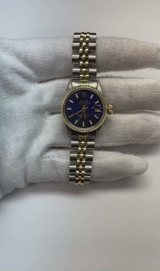 Regarder à cadran bâton bleu Rolex acier inoxydable et lunette cannelée en or Jubilé Brace