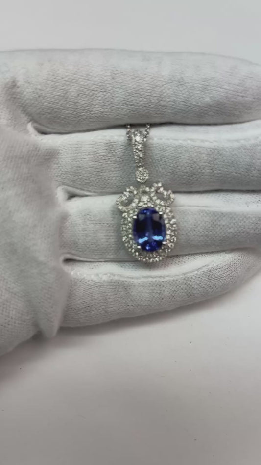 Or Blanc 14K 8.60 Ct. Collier Pendentif Ovale Tanzanite Et Diamants