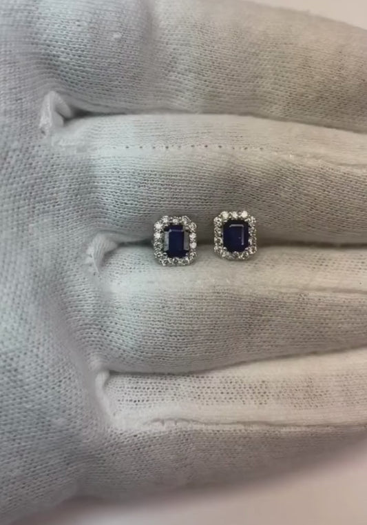 Boucles d'oreilles diamant rond halo saphir taille émeraude du Sri Lanka WG 14K