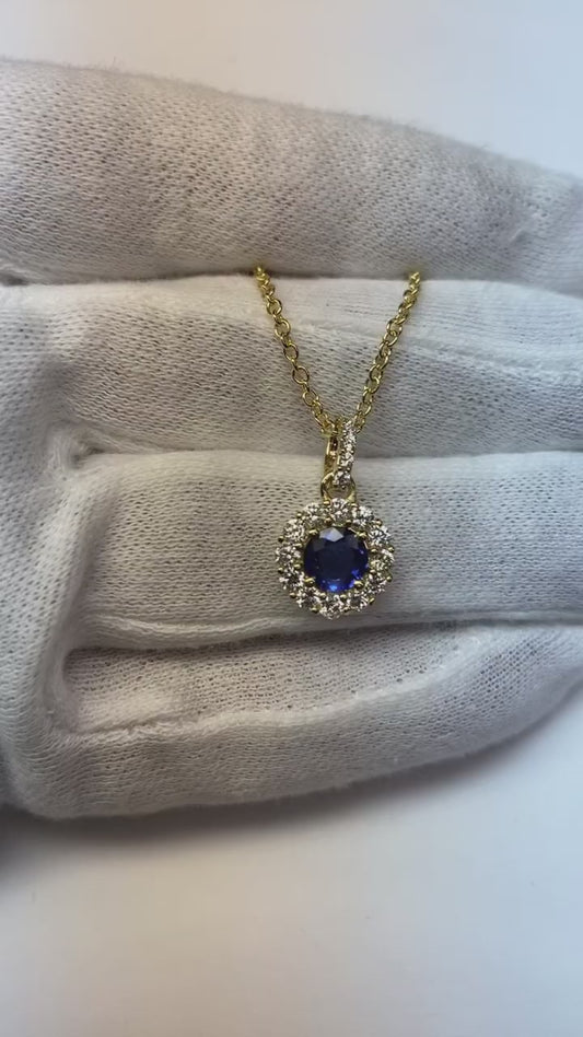 Collier Pendentif Saphir Bleu Rond 2 Carats & Diamant Or 14K