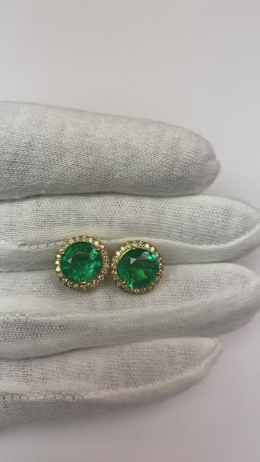 Boucles d'oreilles rondes émeraude Vert avec diamants pour femmes en or blanc 14K