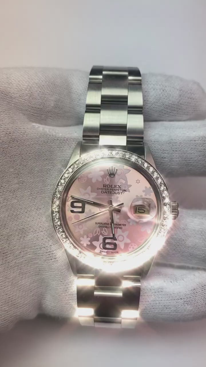 Montre Rolex Datejust pour homme en acier inoxydable avec cadran rose et lunette en diamant - prise rapide