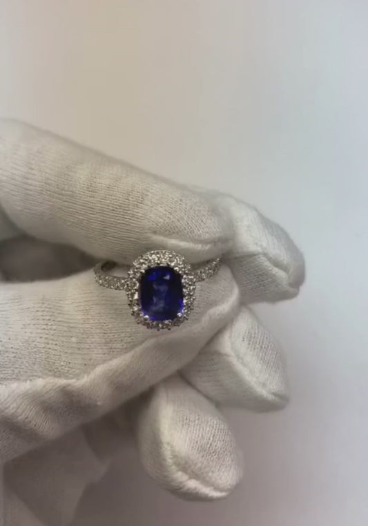 Bague 3 Ct Coussin Sri Lanka Saphir Bleu Et Halo Diamant