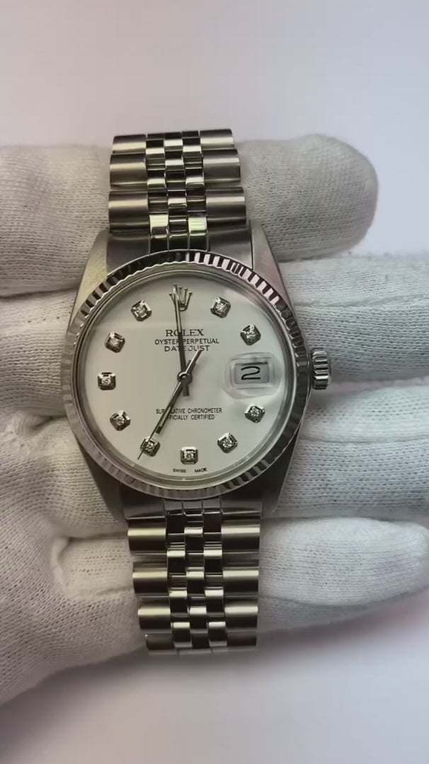 Rolex Date Just Bracelet SS Jubilee Cadran Diamant Lunette Cannelée Watch