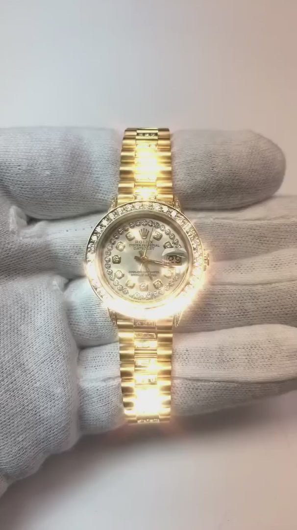 Montre Rolex Datejust en diamant glacé pour femme, bracelet en or jaune