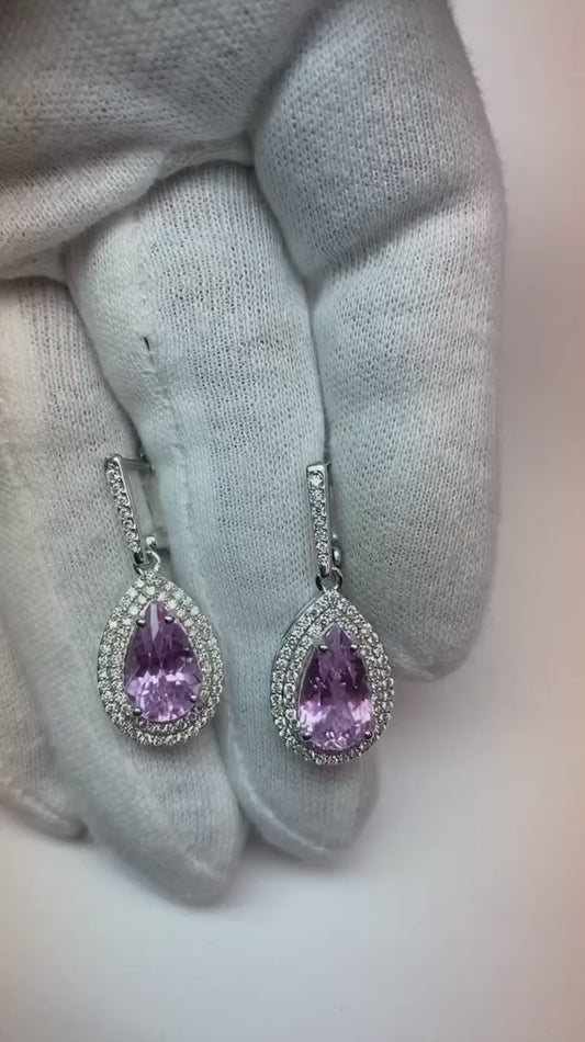 Boucles d'oreilles pendantes en diamant et Kunzite rose pour femme Bijoux en or fin 11.66 ct