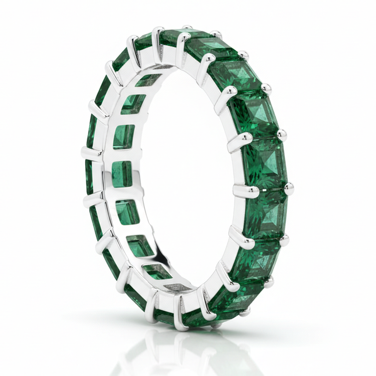 Bague Tour Complet Émeraude Véritable Taille Princesse 1,16 Carat en Or Blanc 18 Carats