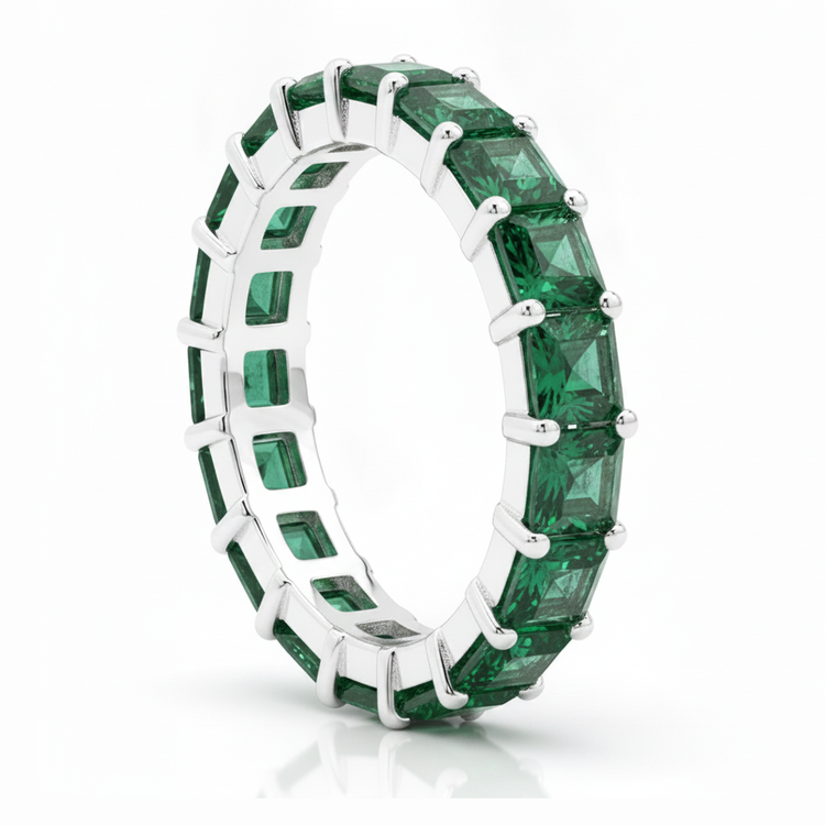 Bague Tour Complet en Émeraude Véritable Taille Princesse 1,16 Carat Or Blanc 18 carats