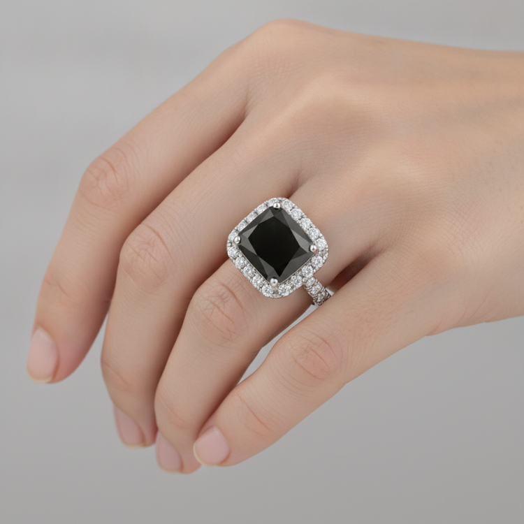 Bague de Fiançailles Halo en Or Blanc 14 Carats avec Véritable Diamant Noir Taille Radiant de 5 Carats