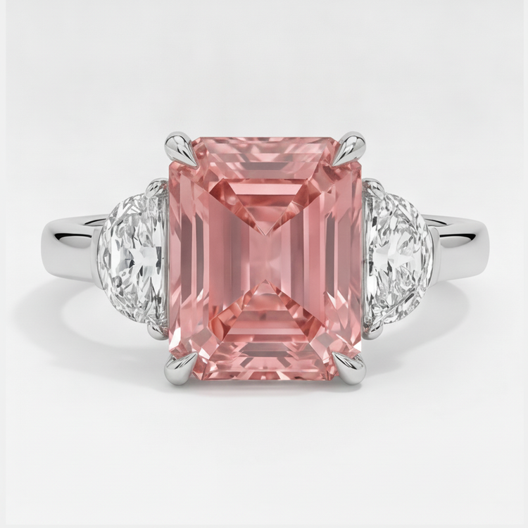 Bague Trilogie Saphir Padparadscha Naturel 3,6 Carats Taille Radiant et Diamants Blancs Demi-lune en Platine