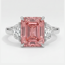 Bague Trilogie Saphir Padparadscha Naturel 3,6 Carats Taille Radiant et Diamants Blancs Demi-lune en Platine