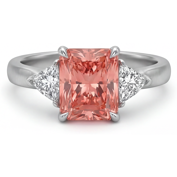 Bague cathédrale trois pierres en or 14 carats avec véritable saphir Padparadscha couleur pêche de 3,4 carats taille radiant et trilliants blancs