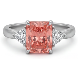 Bague cathédrale trois pierres en or 14 carats avec saphir Padparadscha véritable couleur pêche taille radiant de 3,4 carats et trilliants blancs