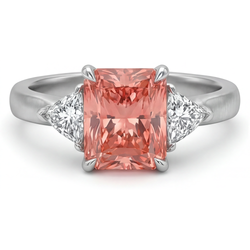 Bague trois pierres en or 14 carats avec saphir padparadscha véritable taille radiant de 2,9 carats et trilliants blancs
