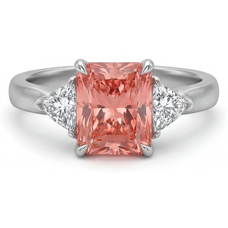 Bague trois pierres en or 14 carats avec saphir padparadscha véritable taille radiant de 2,9 carats et trilliants blancs