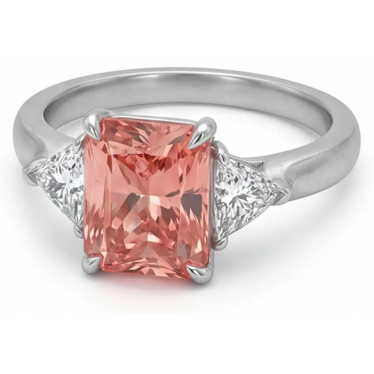 Bague cathédrale trois pierres en or 14 carats avec véritable saphir Padparadscha couleur pêche de 3,4 carats taille radiant et trilliants blancs